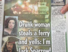 Drunk woman steals a ferry boat and yells, 'I'm Jack Sparrow.'