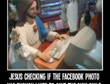 Jesus checking if the Facebook pic has enough likes to save the sick child. Like-farming scam exposed.