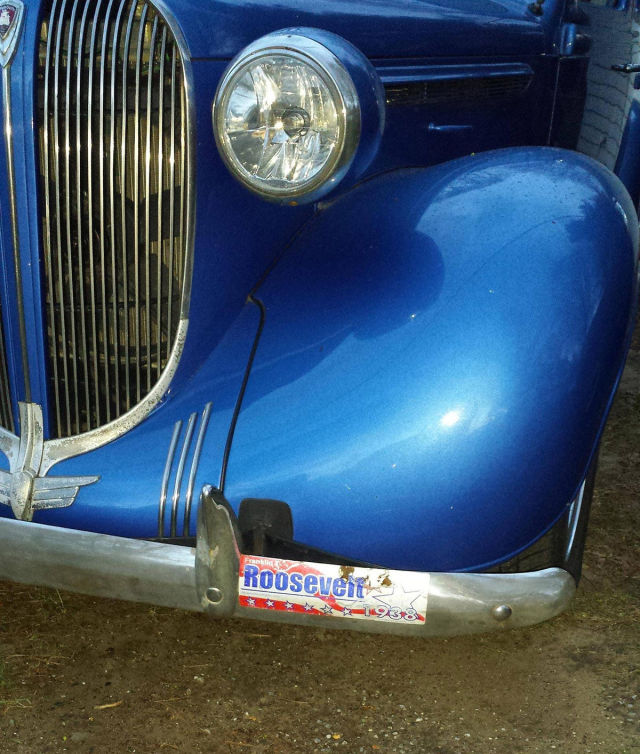Original 1938 Roosevelt bumper sticker is proof this classic car is the real deal.