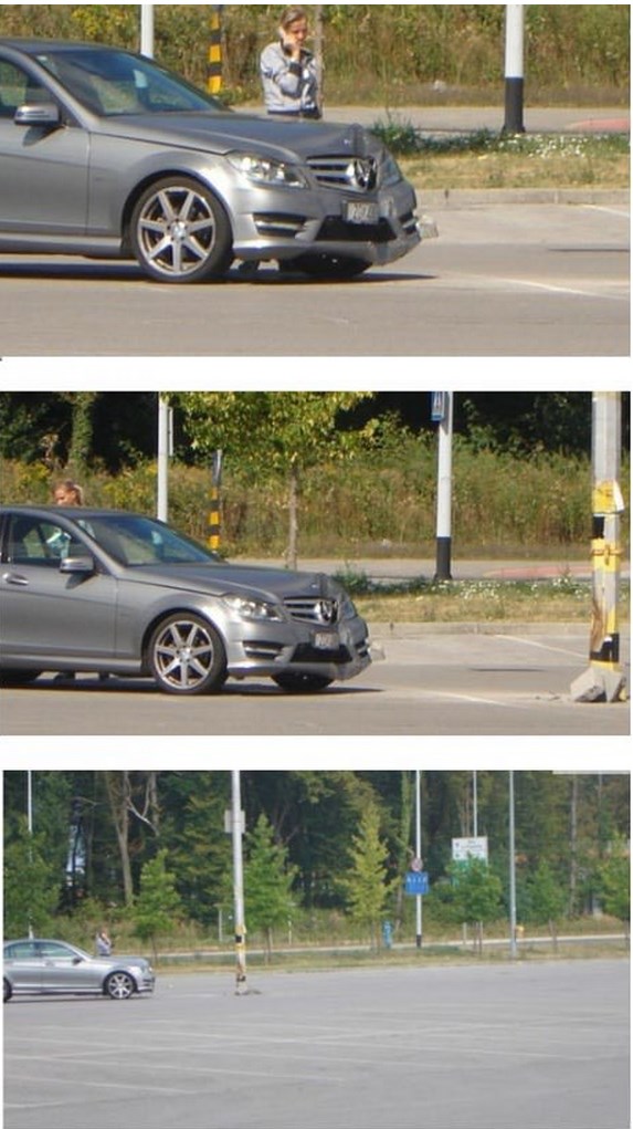 1 empty parking lot + 1 pole + 1 woman driver = You know what's coming