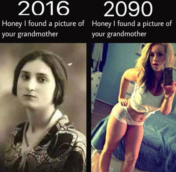 Pictures of grandmother in the year 2016 and 2090.