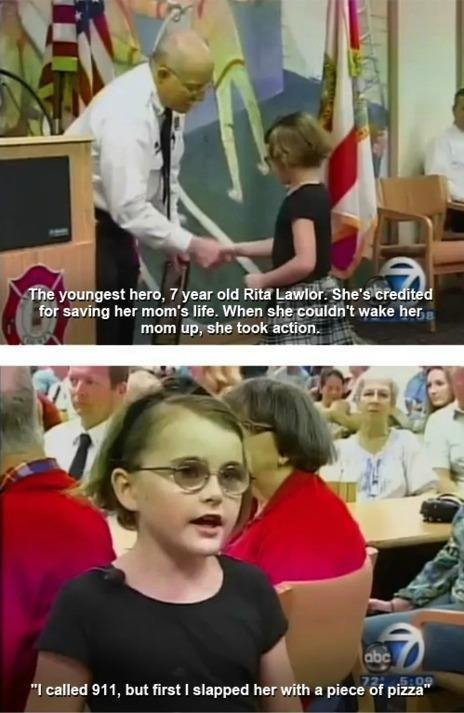 7-year-old girl named Rita Lawlor saved her moms life with the help of pizza.