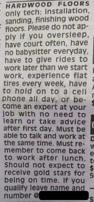 Hardwood floor technician help wanted ad....with a few specific requests.