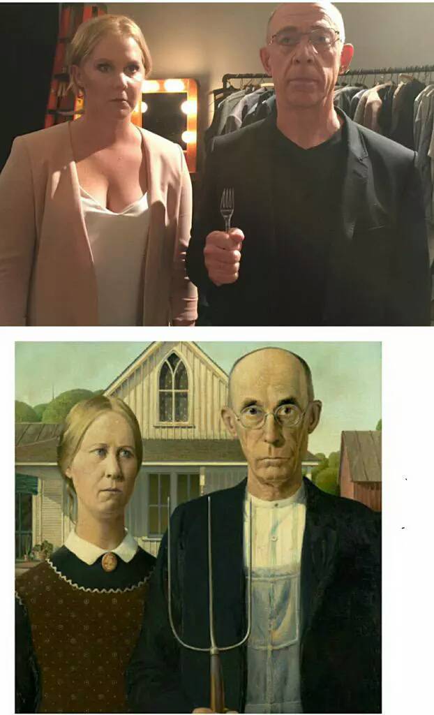 Amy Schumer and J.K. Simmons are dead ringers for the 'American Gothic' painting. 