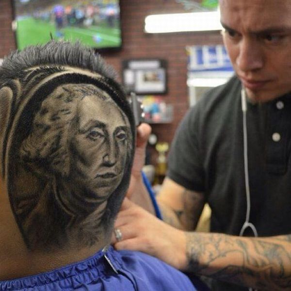 Barber With Amazing Talent. He Trims Up A Perfect Portrait Of George Washington On The Back Of This Guys Head.