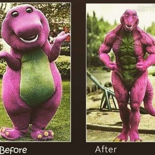 Barney has been really working out and here are his before and after photos to prove it.