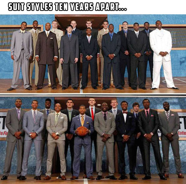 Basketball players' suit styles have changed a lot in 10 years.