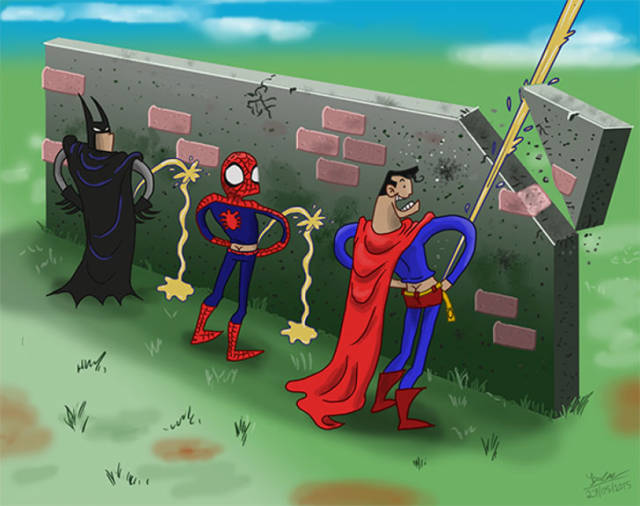 Batman, Spider-Man and Superman in a pissing contest.