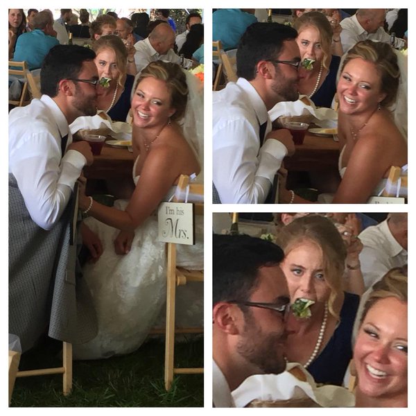 Beautiful picture of the bride and groom with a great photobomb.
