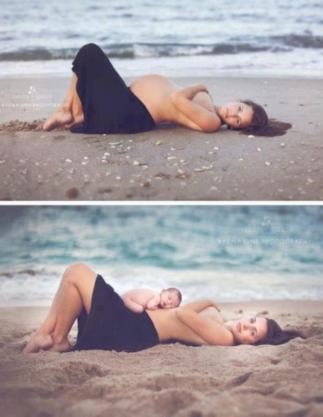 Woman poses in the exact same spot on the beach before and after giving birth to her child.
