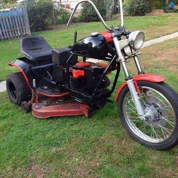 Cutting the grass is fun when riding this motorcycle lawnmower contraption.