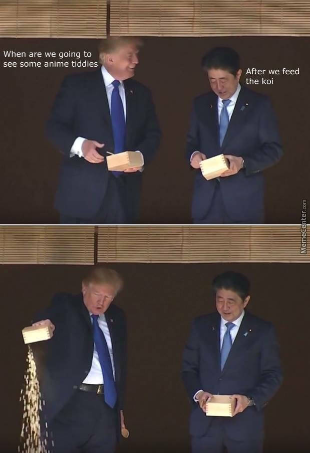 Donald Trump and Shinzo Abe feed the koi fish.