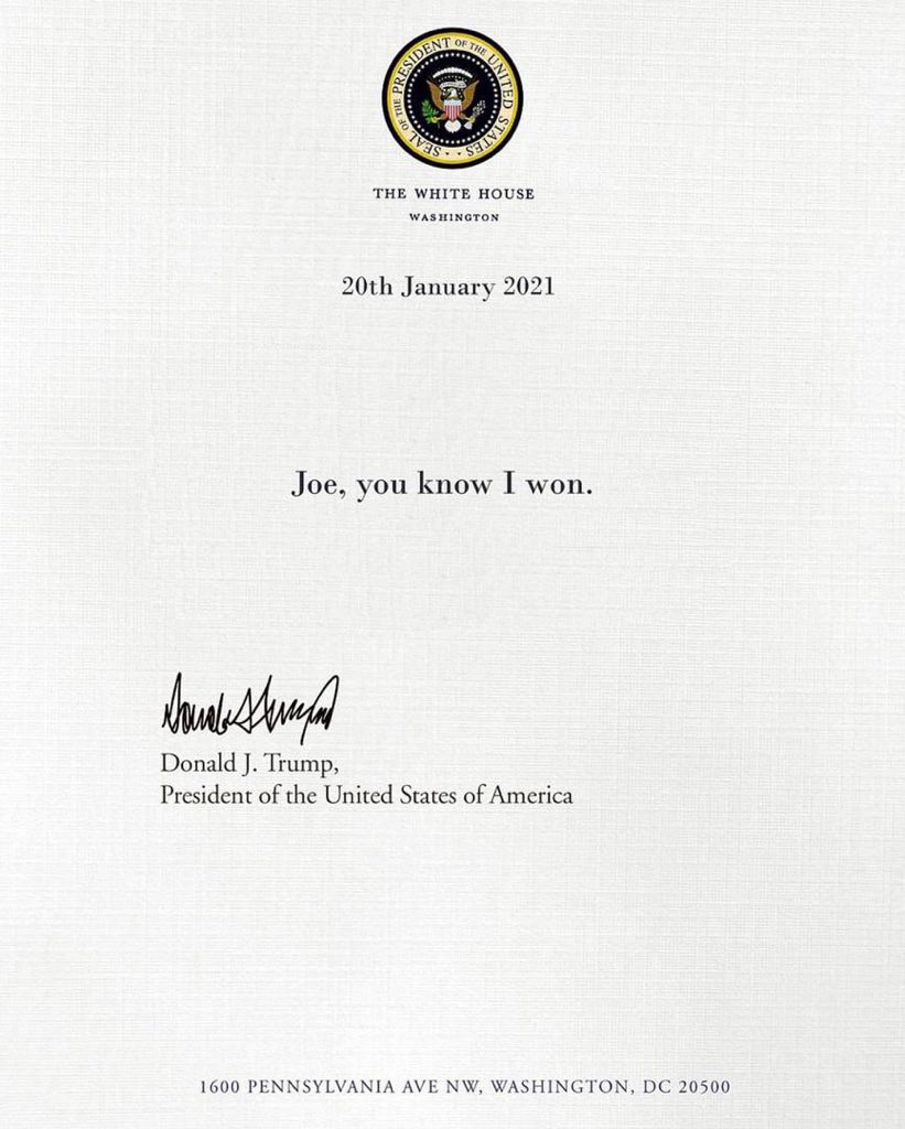 Donald Trump's last memo to Joe Biden before leaving the White House.