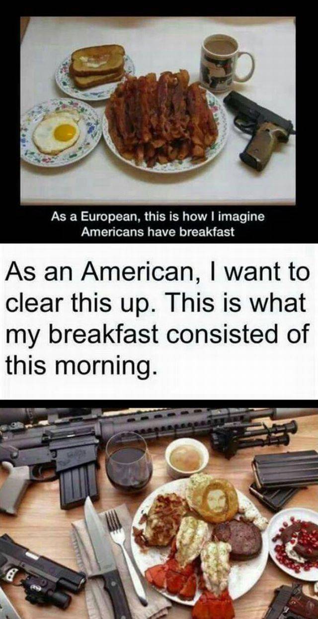 European imagines how Americans have breakfast, with clarification.