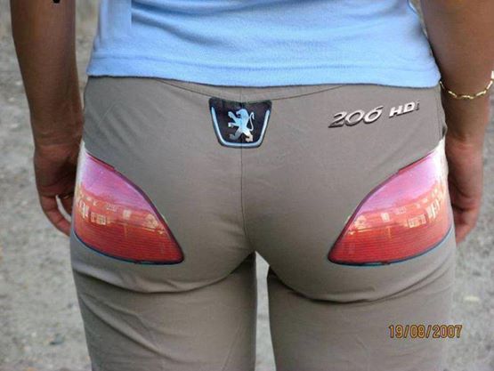 Excuse me but I think you have a brake light out on your pants. 