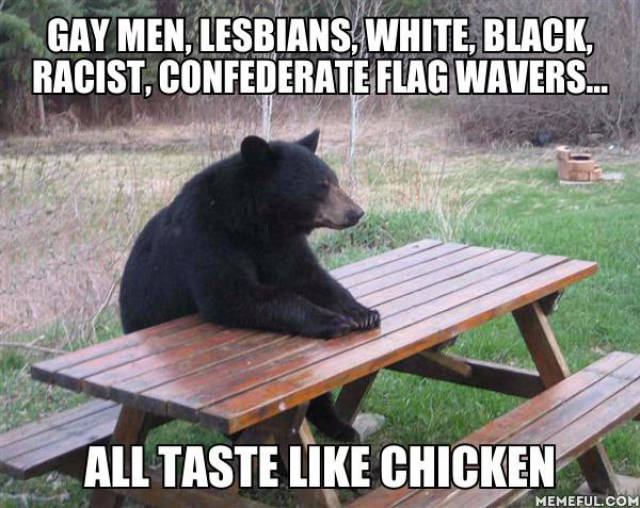 Gay, white, black, racist, confederate flag wavers, or anyone else makes no difference to a bear.