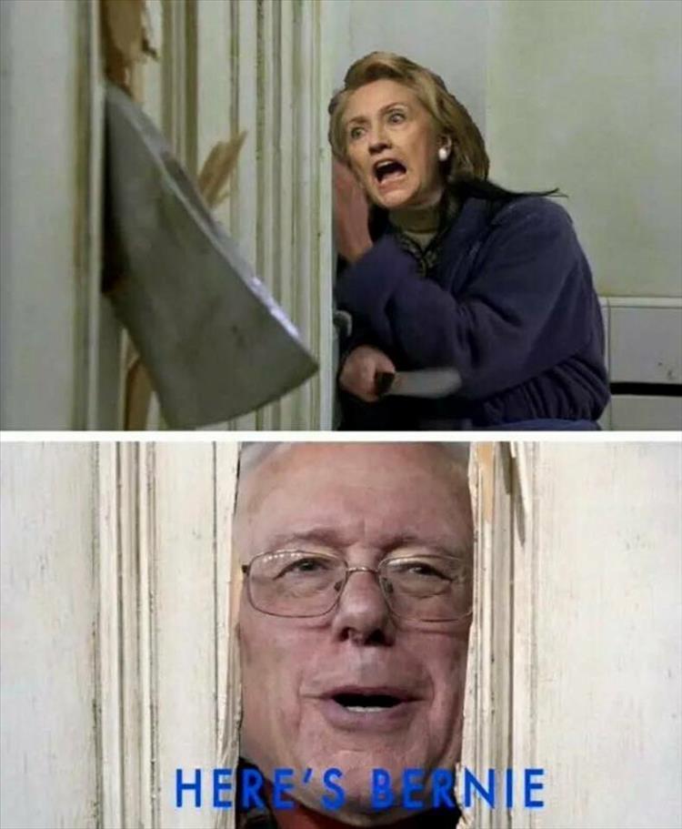 Here's Bernie: Hillary Clinton and Bernie Sanders in 'The Shining'.