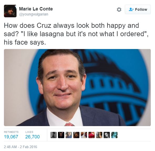 How does Ted Cruz always look both happy and sad?