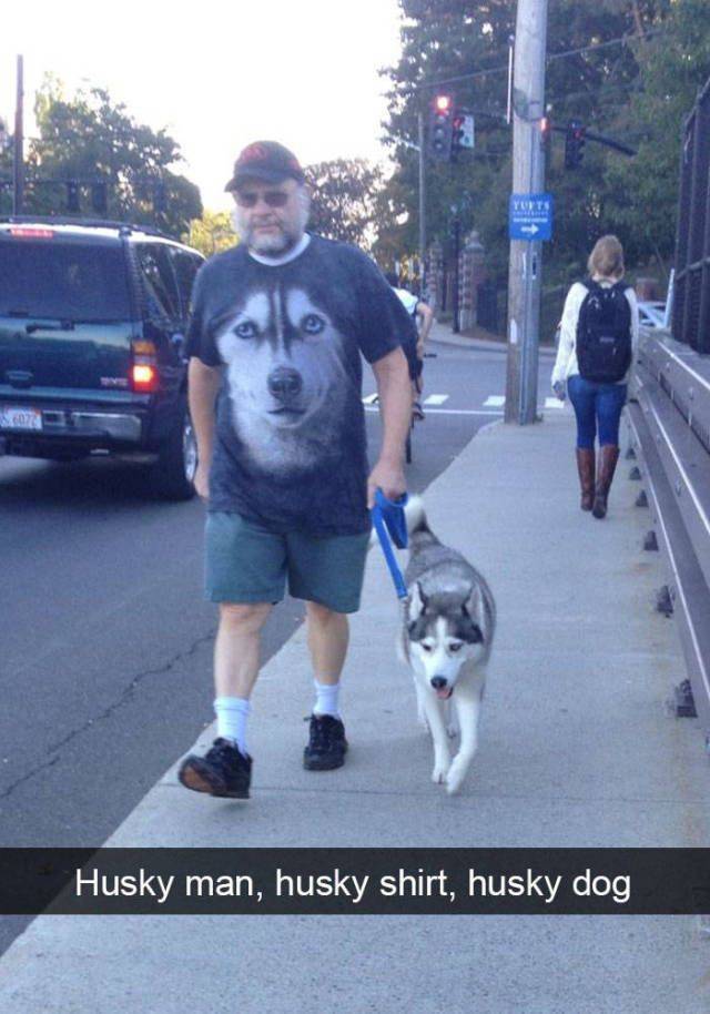 Husky man, husky shirt, husky dog.