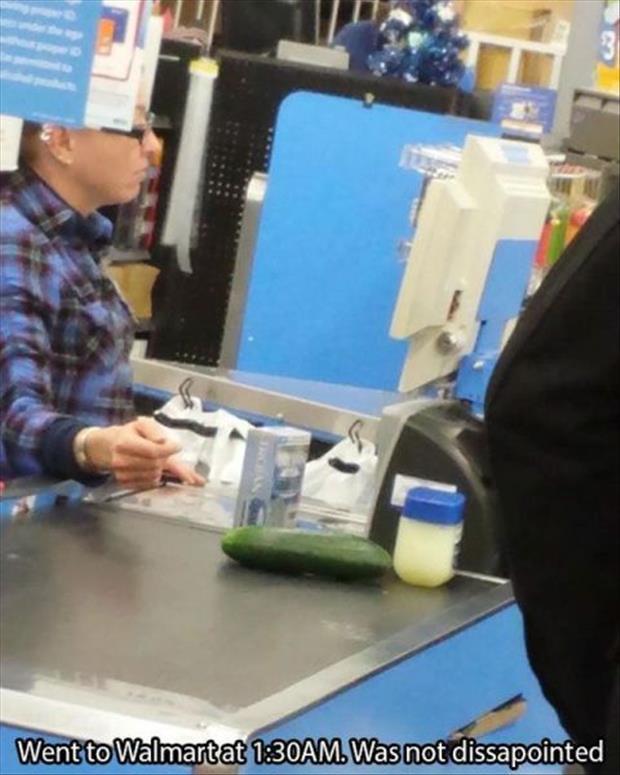Early morning Walmart shopping is fun. This time it was someone buying a cucumber, Vaseline, and a pack of condoms.