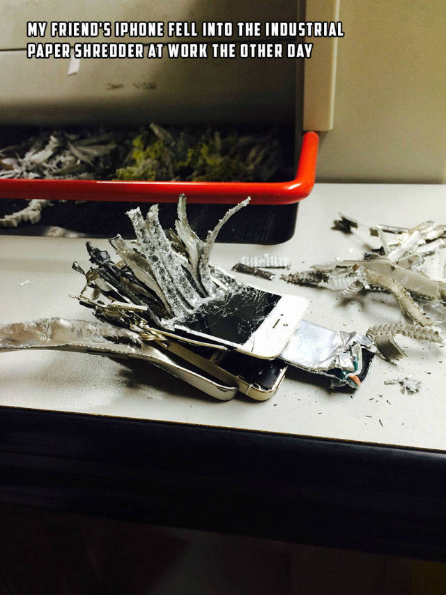 iPhone fell into an Industrial paper shredder and this is the result.