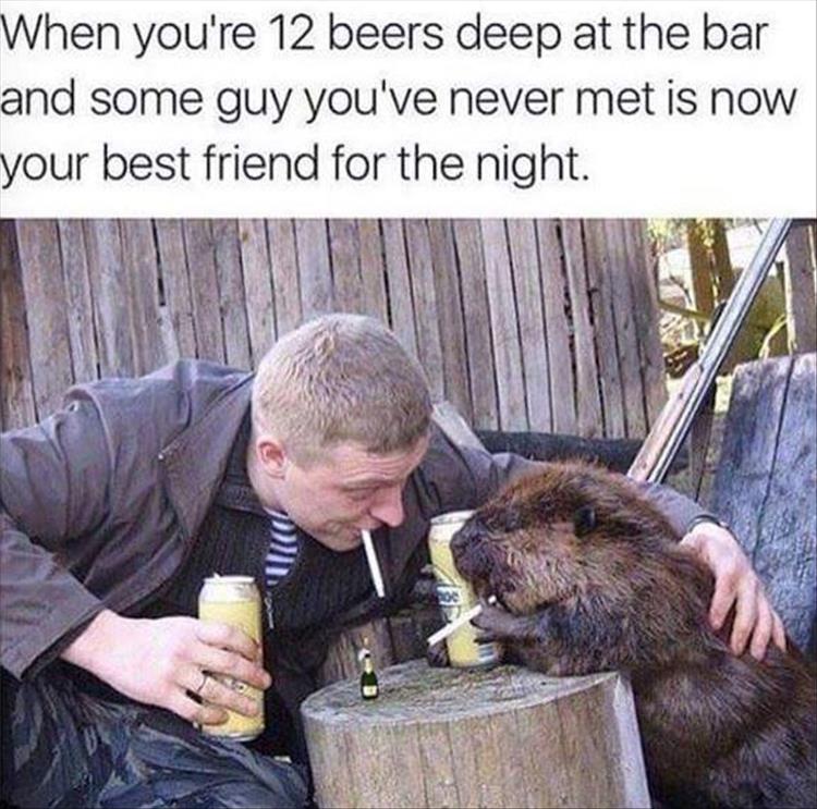 When you're 12 beers deep at the bar and some guy you never met is now your best friend.