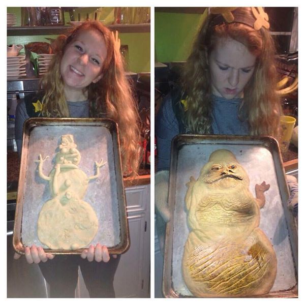 This woman decided to bake a cute snowman but what came out resembled Jabba the Hut from Star Wars.