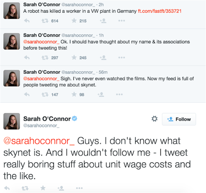 Journalist Sarah O'Conner gets bombarded by Terminator fans after she tweets about the killer robot at the VW plant.