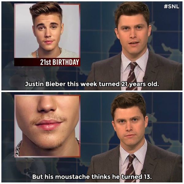 Justin Bieber's mustache has a lot of growing up to do.