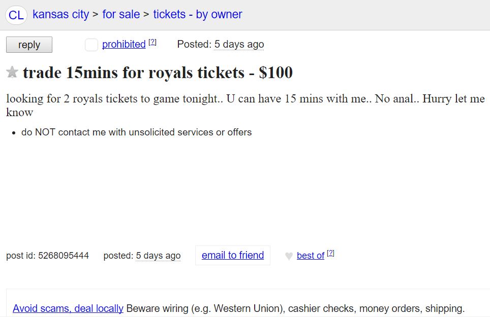Kansas City Royals fan is willing to do anything for tickets....except anal.