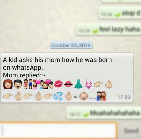 Kid asks his mom how he was born on WhatsApp.