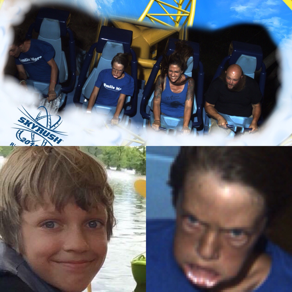Kid riding roller coaster looks like he is possessed by Satan himself.