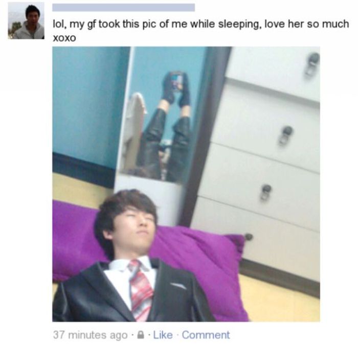 Man Wants People To Think He Has A Girlfriend So He Posts This But His Legs In The Mirror Ruin It For Him.