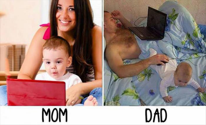 Mom vs. Dad: Playing with the baby while using the computer.