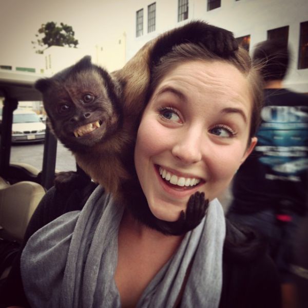Monkey and a Woman Both Have a Great Smile.