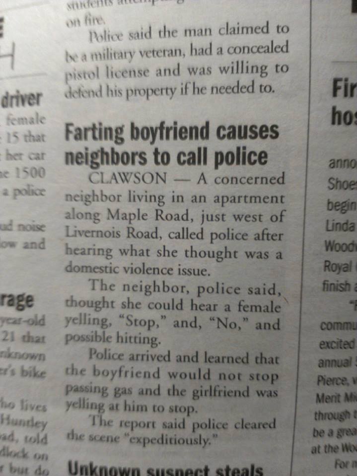 Farting boyfriend causes neighbors to call police.