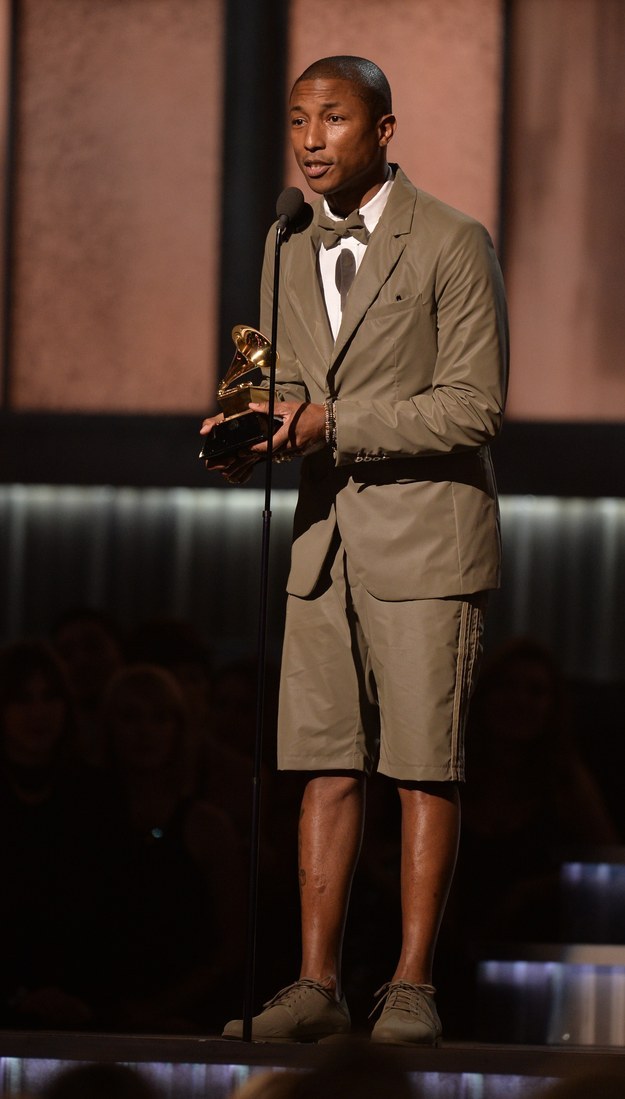 Pharrell Williams wears shorts to the 2015 Grammy Awards because it makes him Happy.