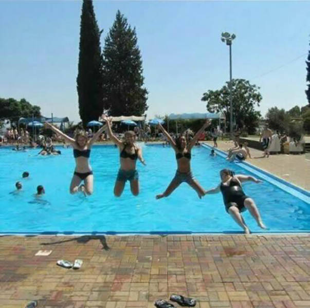 Pic of 4 girls jumping into a pool turned out better than expected.