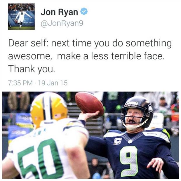 Seattle Seahawks punter and placeholder Jon Ryan posts a funny tweet after throwing a touchdown pass on a fake field goal in the NFC Championship Game against the Green Bay Packers.