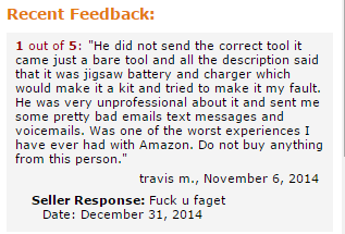 Seller on Amazon responds to negative feedback.