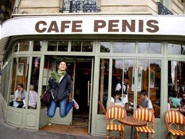 She is so excited she is jumping for joy after finally getting to eat at Cafe Penis.