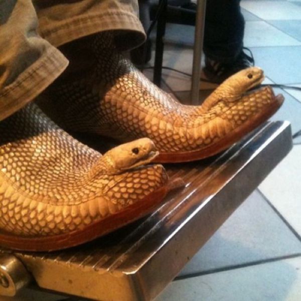 Snake shoes with the heads still attached.