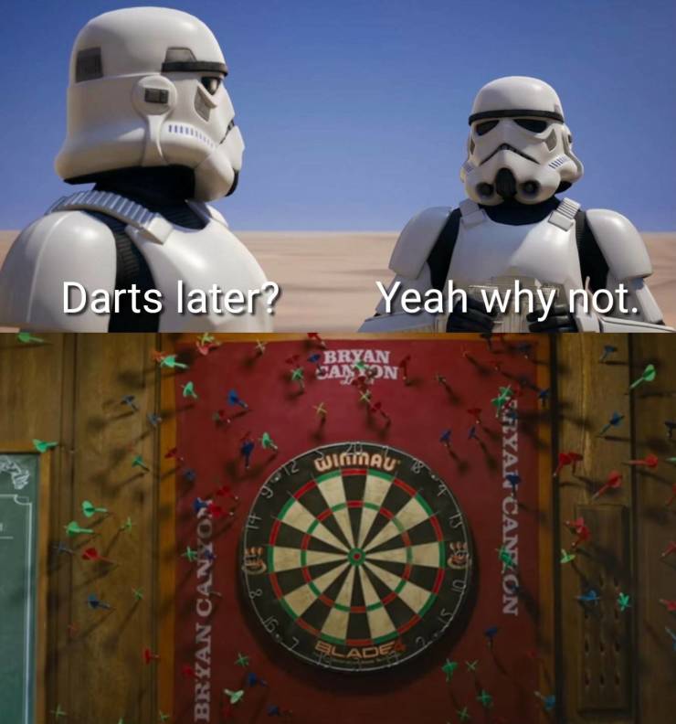 Stormtroopers play a game of darts.