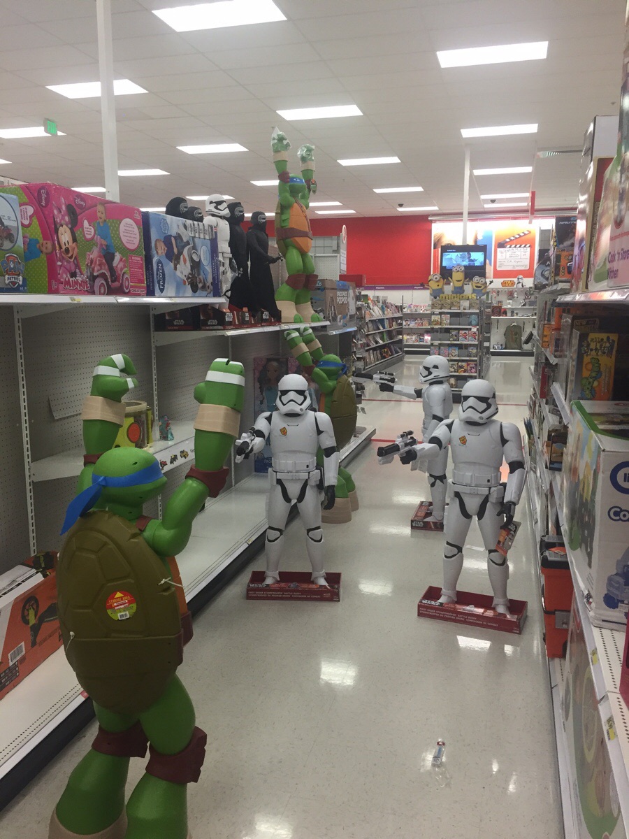 Stormtroopers holding the Teenage Mutant Ninja Turtles hostage at Target.