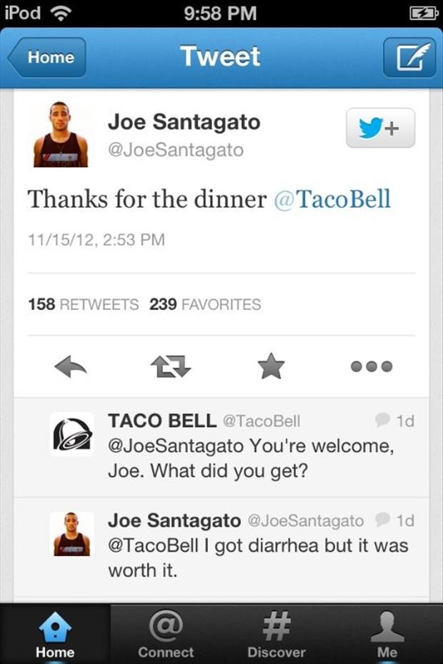 Taco Bell asks a guy on Twitter what he got for dinner and he gives them all the details.