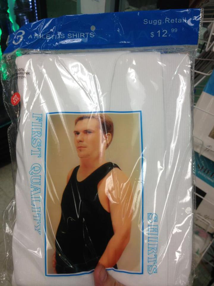 This guy doesn't look like he belongs on a package of athletic shirts.