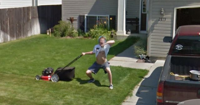 This guy was just mowing his lawn until he spotted the Google street view car and then did what more and more people are doing.