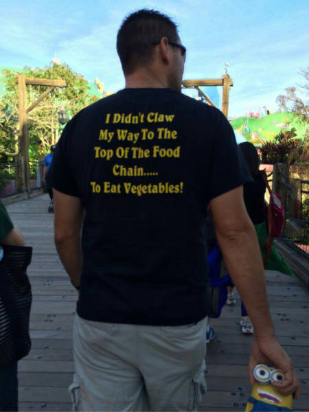 He didn't claw his way to the top of the food chain to eat vegetables. He did it to carry around a Minions doll.