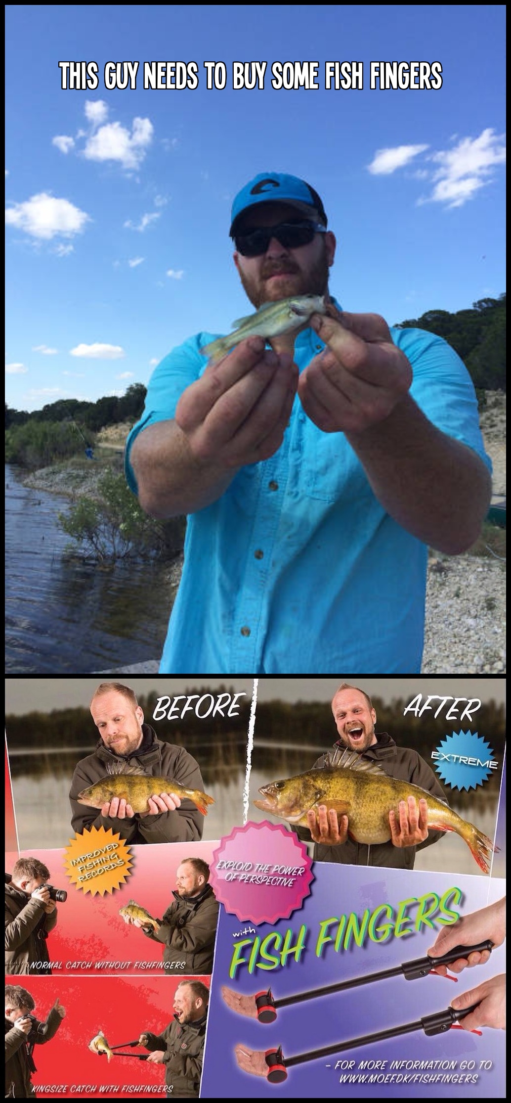 This guy needs to buy some Fish Fingers to turn his tiny fish into a monster.