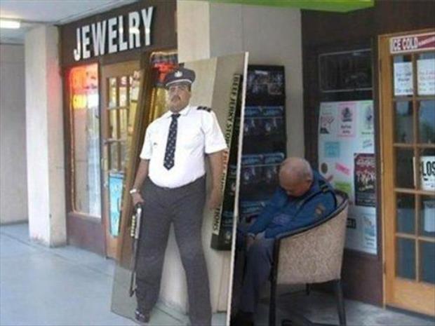 This Security Guard has figured out how to sleep on the job while still intimidating any possible thieves.